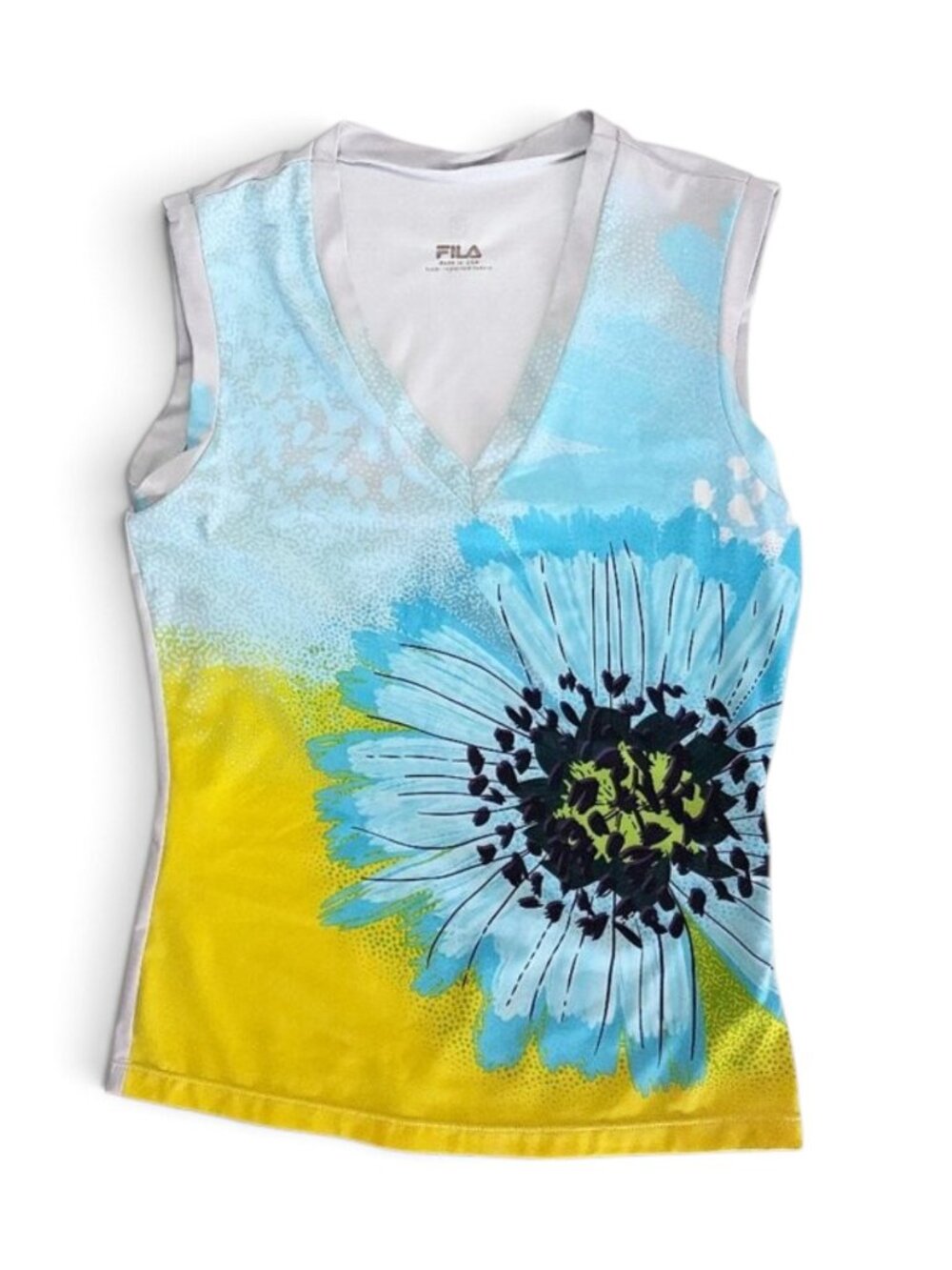Y2K 90s Fila Floral V-Neck Performance Tennis Tank Top - Small - Blue Yellow